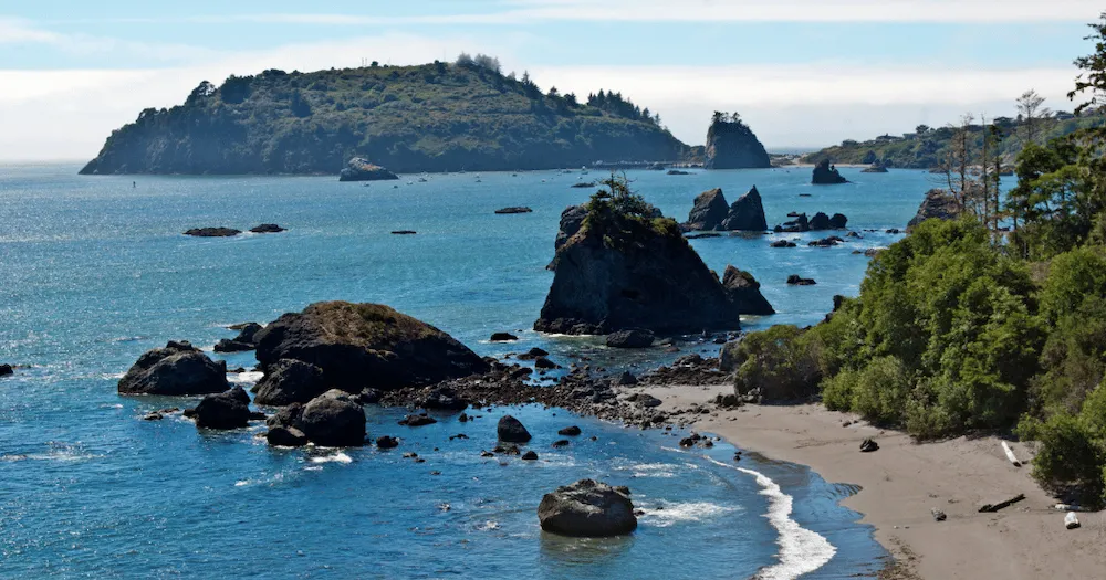 Overlooking Trinidad Bay and Trinidad Head on a blue sky day.